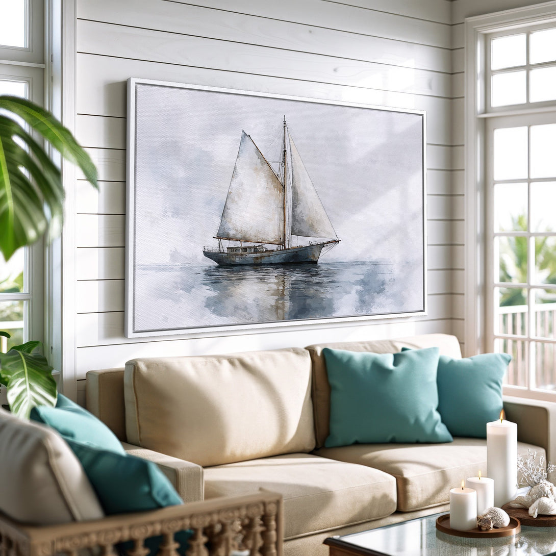 Framed Wall Art: Coastal sailboat Canvas Print in a serene watercolor style, featuring a calming blue and neutral color palette, perfect for adding a touch of tranquility.