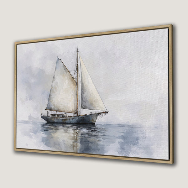 Framed Wall Art: Watercolor sailboat print in calming blue and gray tones. Coastal decor for a serene living space.