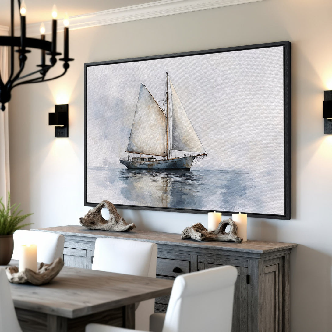 Framed Wall Art: Watercolor sailboat print in a coastal style. Soft blue and gray palette, perfect for adding a touch of serenity to your home decor.