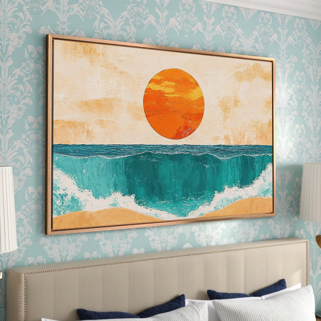 Framed Wall Art: Coastal sunset canvas print with vibrant teal ocean, orange sun, and warm sand tones. Perfect for adding a touch of serenity to your space.