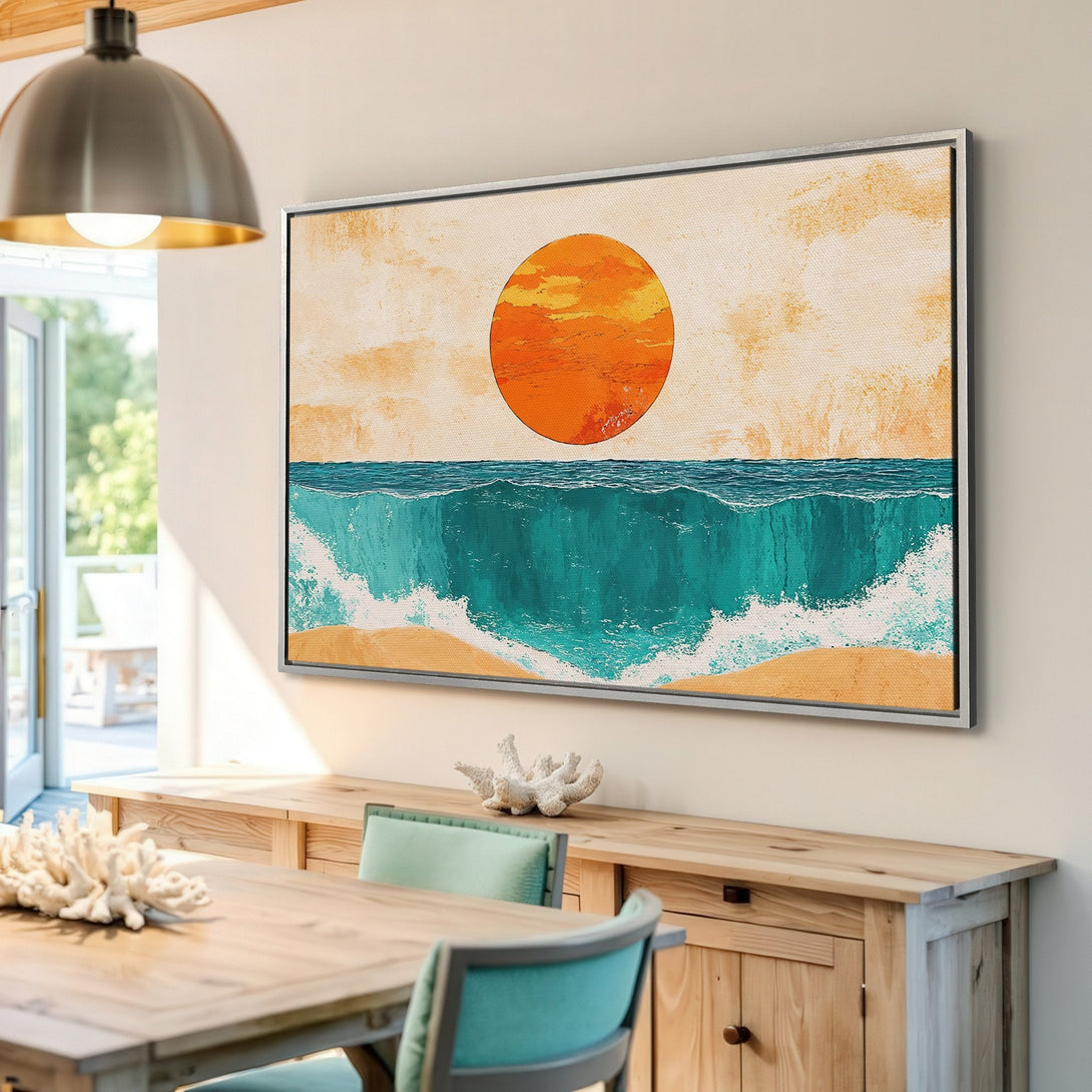 Framed Wall Art: Abstract ocean scene with a vibrant orange sun and teal waves. Coastal style art in warm, inviting colors. Perfect for any home!