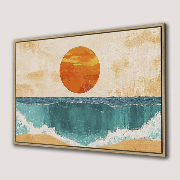 Canvas Print of a sunset over the ocean. Abstract style with warm orange, teal, and beige tones. Perfect coastal wall art for your home.