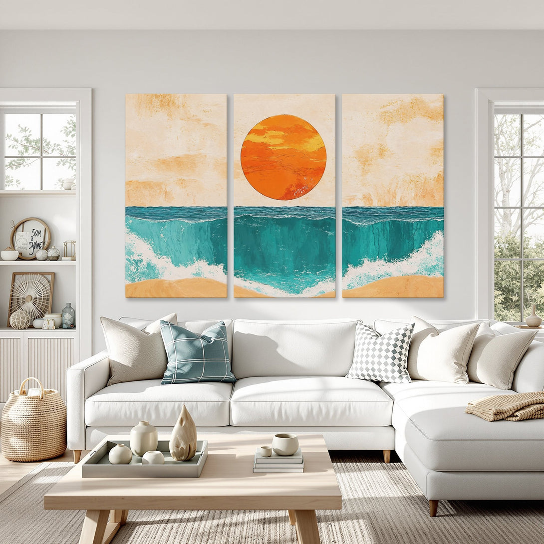 Abstract Canvas Print of a beach scene with a vibrant orange sun, turquoise waves, and a warm neutral color palette. Perfect coastal decor!