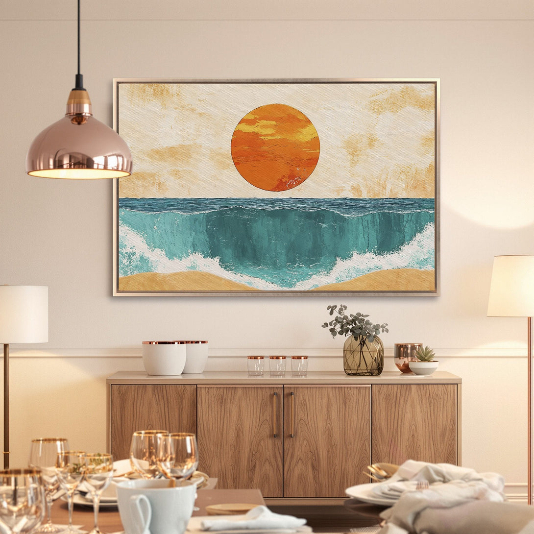 Framed Wall Art featuring a vibrant ocean sunset scene. Coastal style with teal, orange, and beige color palette. Perfect for adding a touch of serenity to any space.