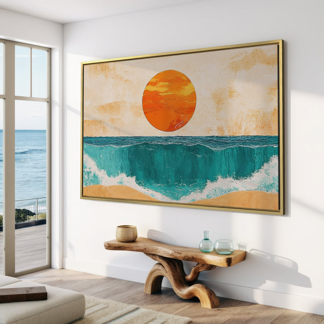 Canvas Print of a sunset over ocean waves. Abstract style with warm orange, teal, and beige color palette. Perfect coastal wall art.