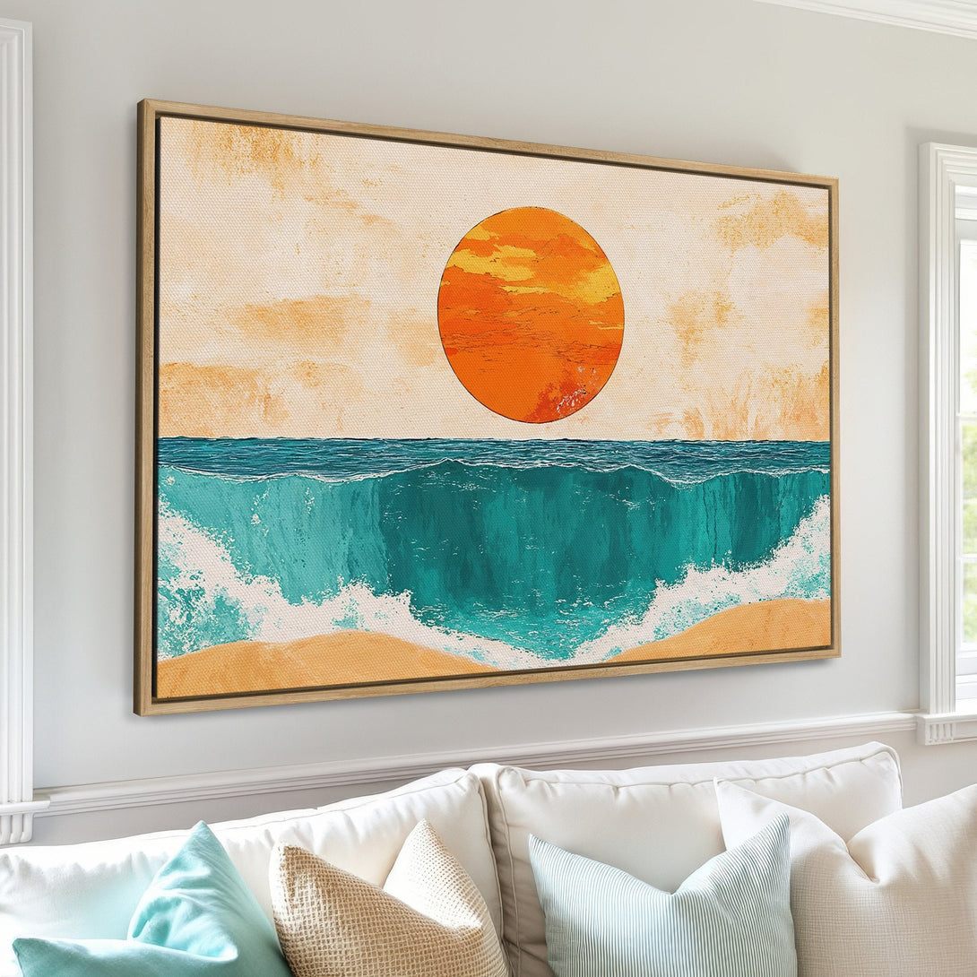 Framed Wall Art: Abstract ocean sunset canvas print in warm orange, teal, and beige tones. Coastal art perfect for a modern living room.