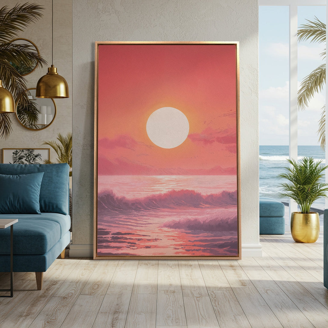 Framed Wall Art: Sunset over ocean canvas print. Coastal artwork with warm pink and orange hues. Modern art for a relaxing interior.