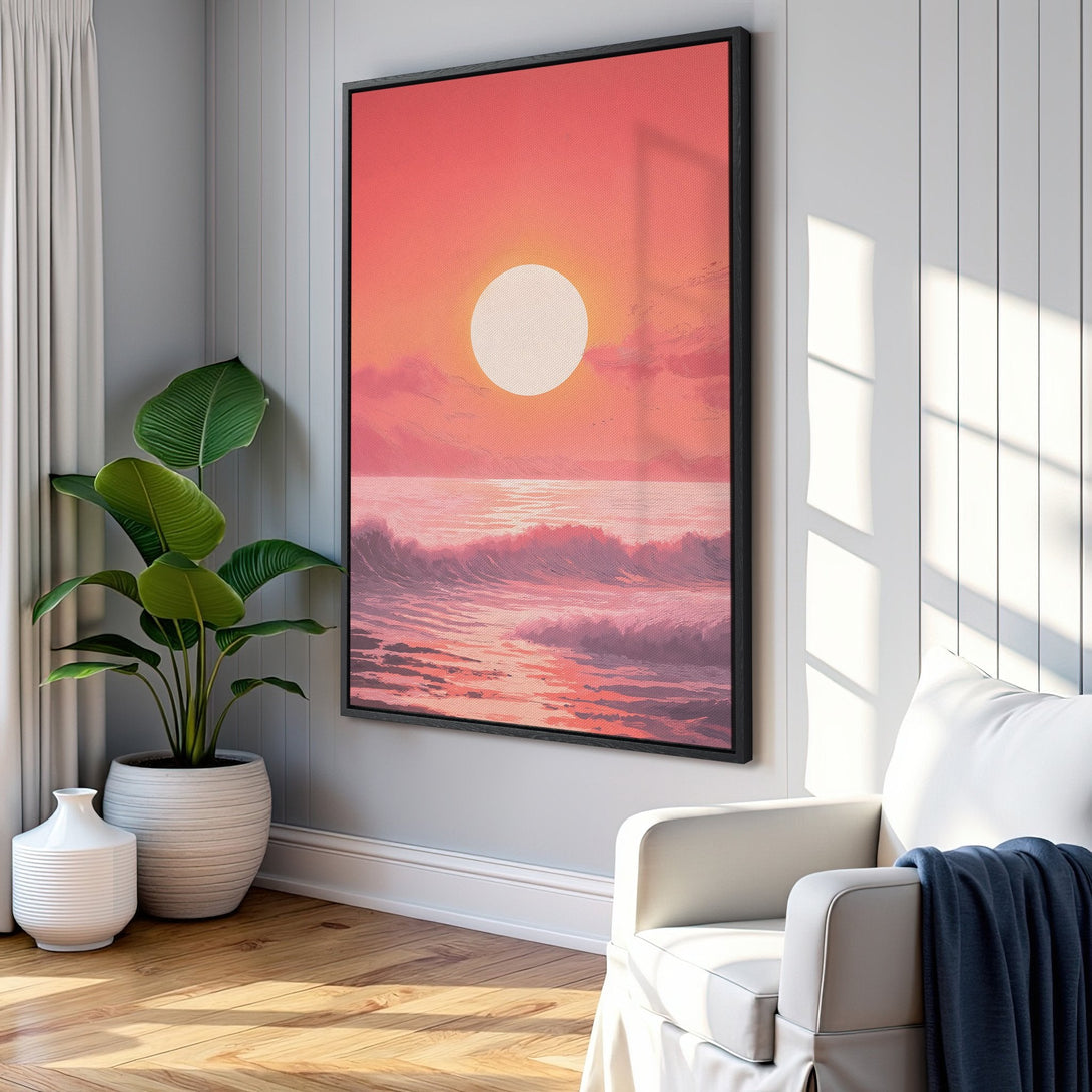 Framed Wall Art: Sunset over ocean canvas print in a modern interior. Features a warm, pink and orange color palette, perfect for coastal decor.