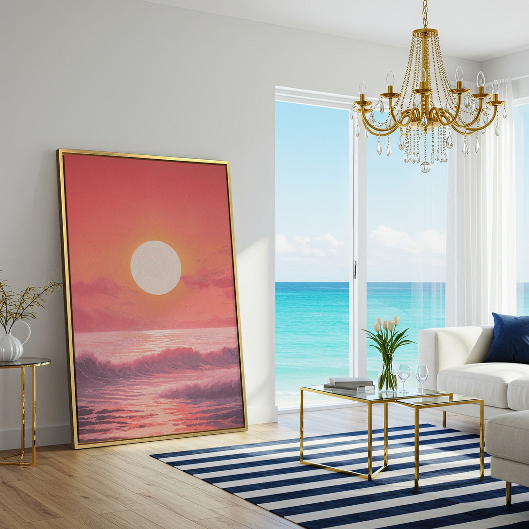 Canvas Print of a sunset over the ocean in a minimalist style, featuring a vibrant pink and orange color palette. Perfect for adding a touch of serenity to your home.