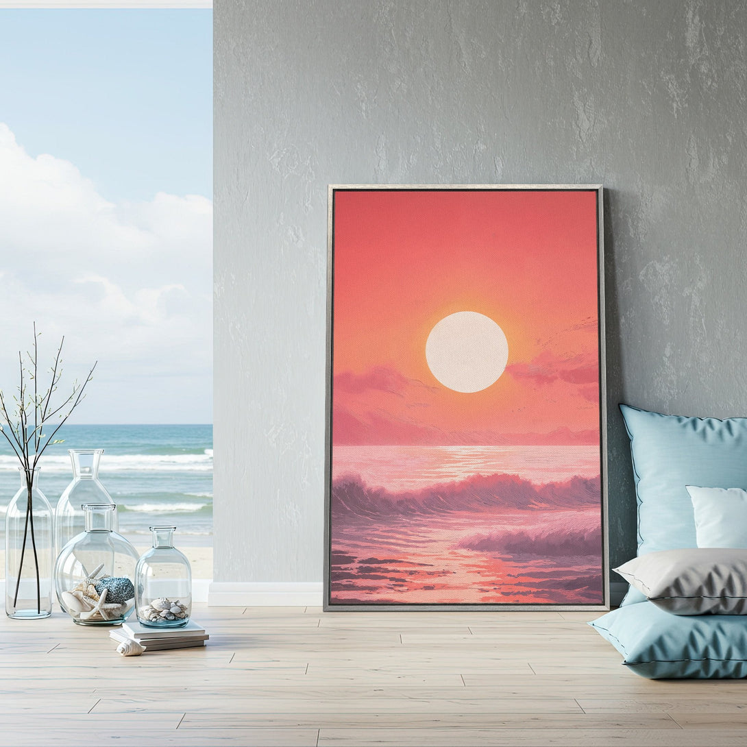 Framed Wall Art featuring a sunset over the ocean in a warm, pink and orange palette. Coastal art for a relaxing interior.
