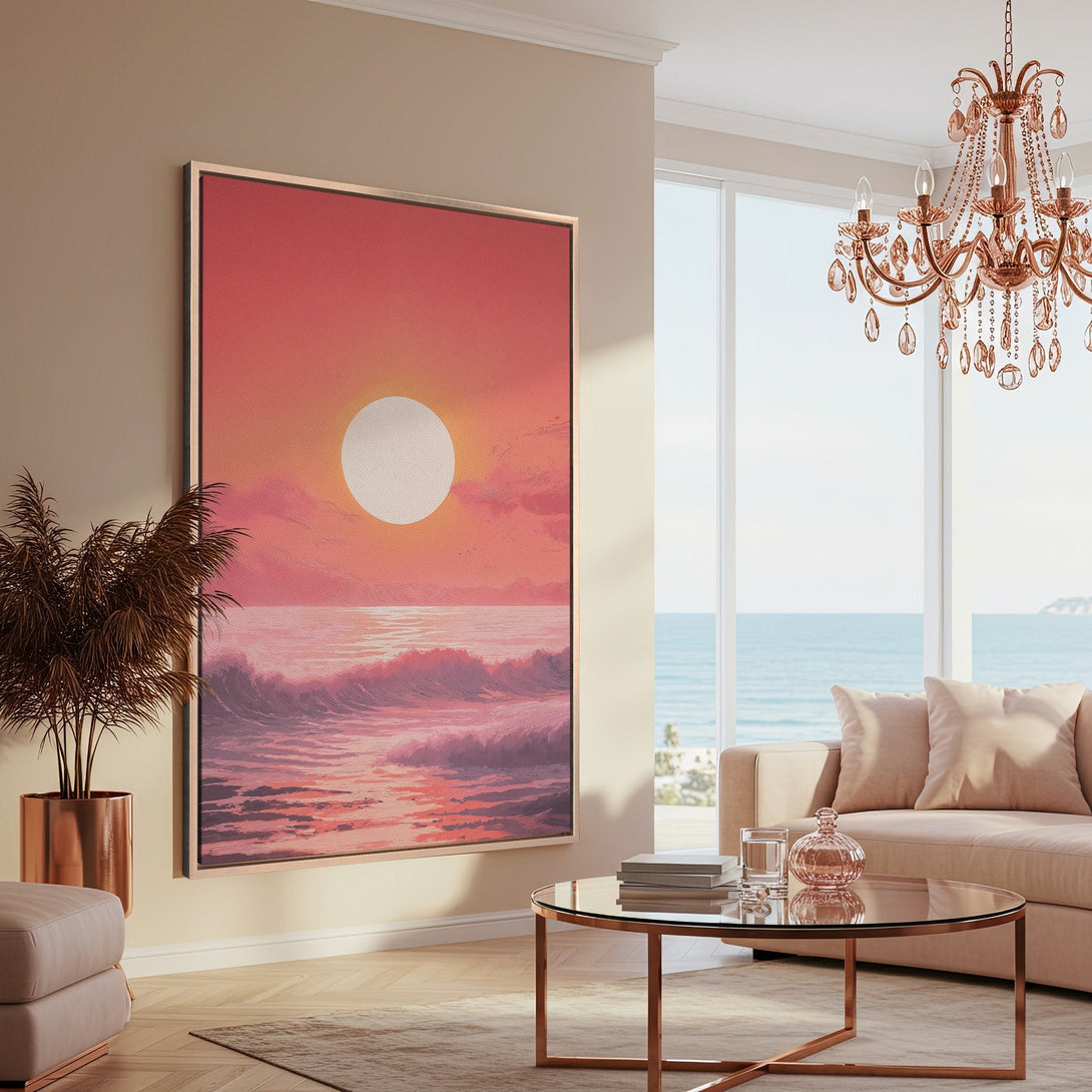 Framed Wall Art Canvas Print of a sunset over ocean in a modern living room. Features warm, pink and orange sunset hues with a minimalist style.