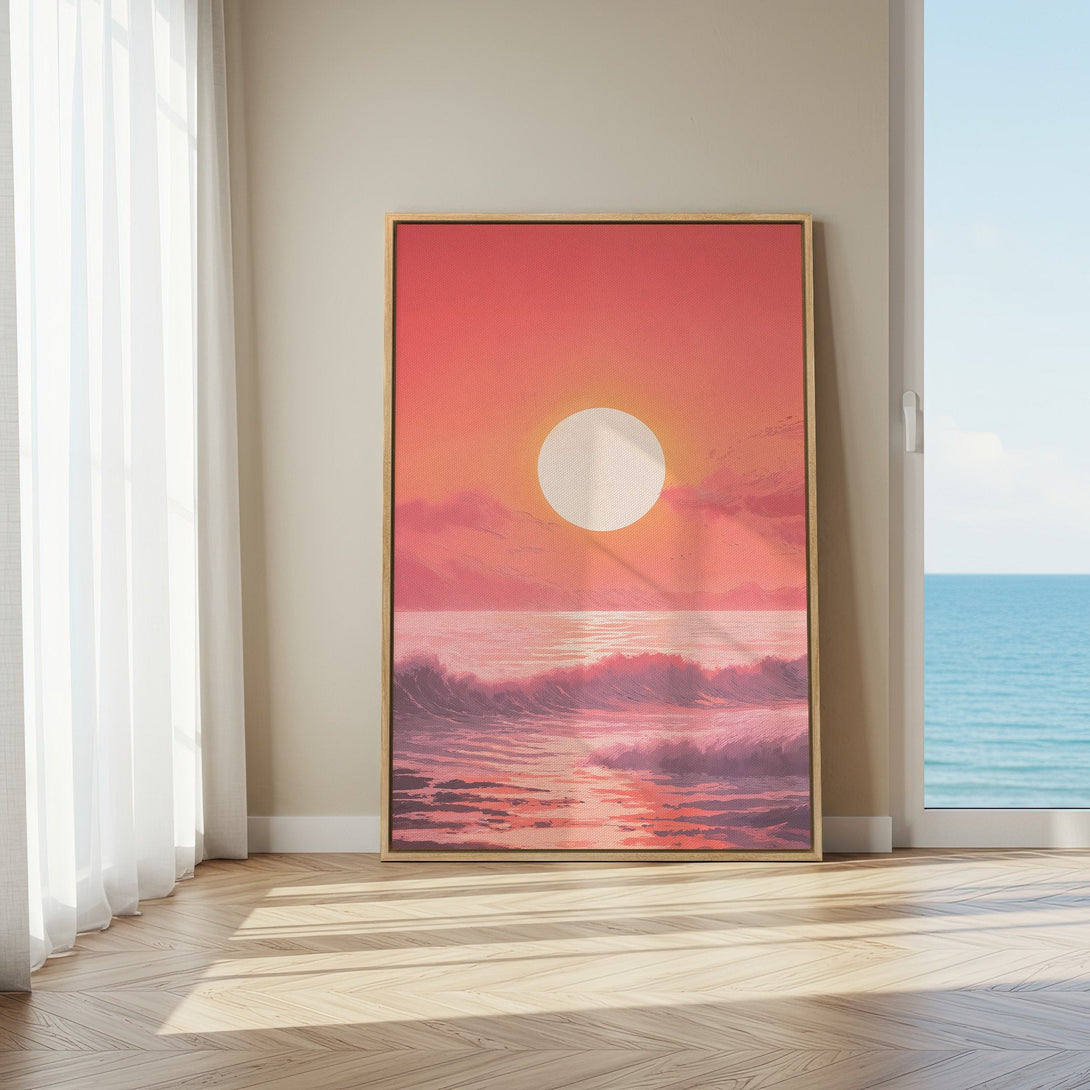 Framed Wall Art: Sunset over ocean canvas print in pink and orange hues. Coastal art for a serene home. Modern decor.