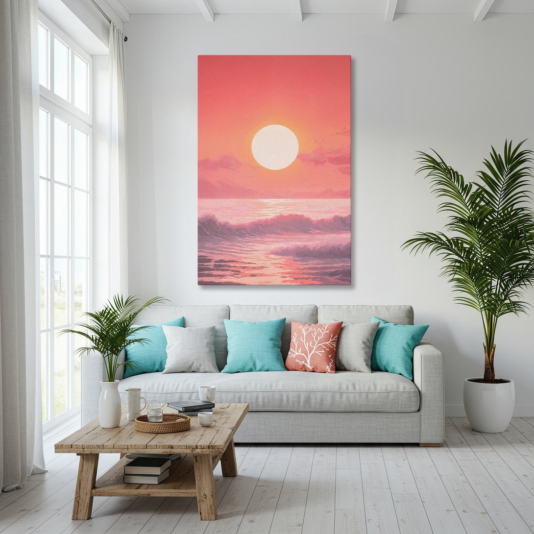 Framed Wall Art: Sunset beach scene in warm coral tones. Coastal decor inspiration for your living room. Enhance your space with this beautiful canvas print.