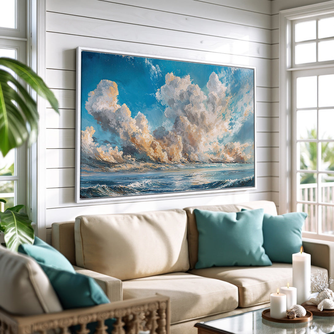 Framed Wall Art: Coastal cloudscape Canvas Print in blue, white, and gold, perfect for adding a touch of serenity to your home decor.