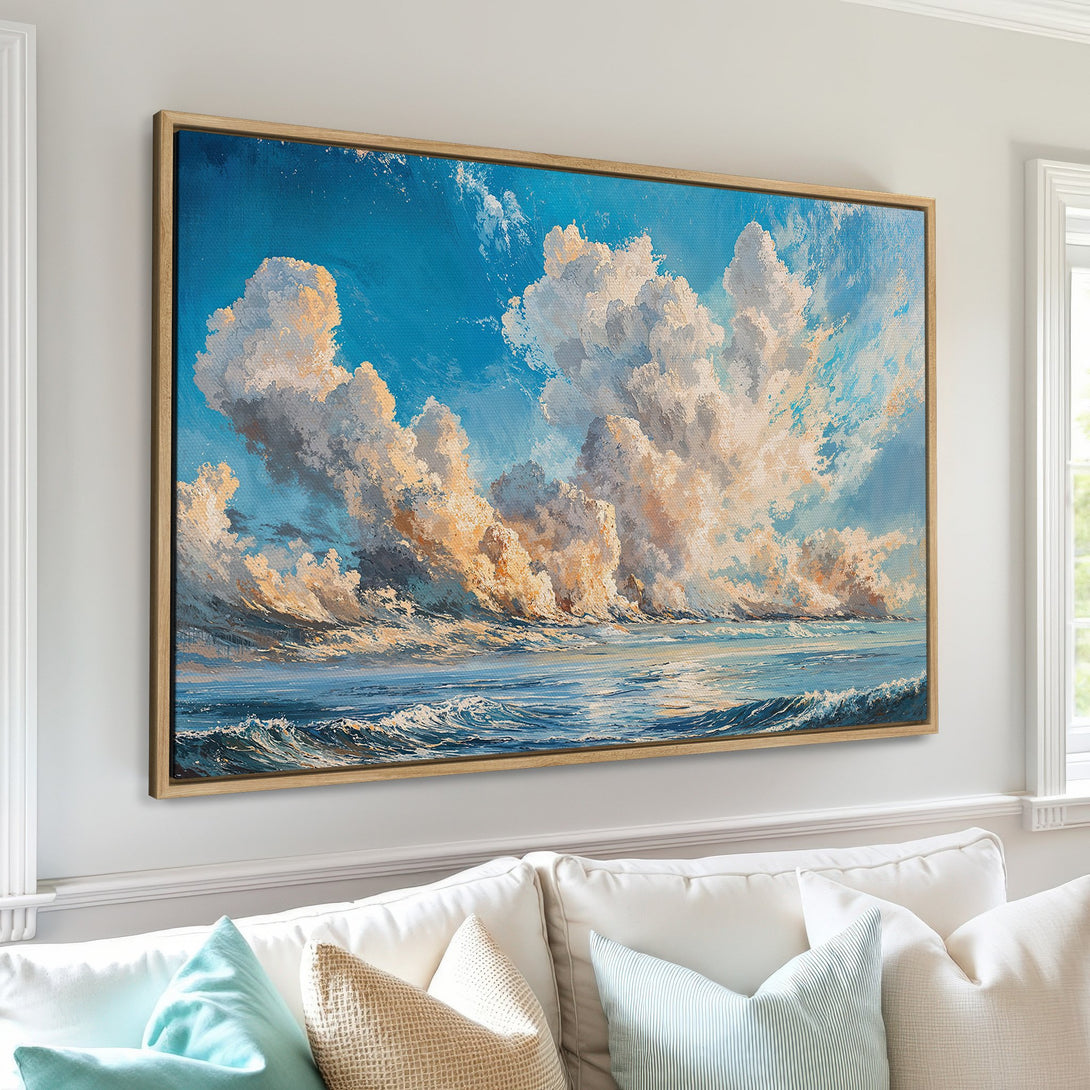 Framed Wall Art: Stunning seascape Canvas Print with dramatic clouds, ocean waves, and a vibrant blue and gold color palette. Perfect for coastal decor.