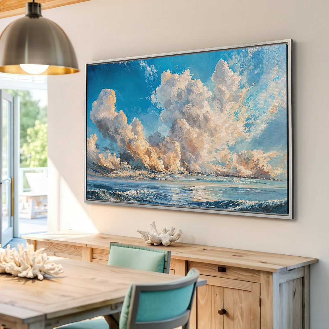 Framed Wall Art: Ocean landscape Canvas Print with blue, white, and gold tones. Coastal art perfect for living rooms, bedrooms, and dining areas. Bring the beach home!