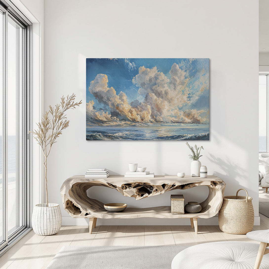 Framed Wall Art: Stunning ocean and cloudscape Canvas Print in blue, gold, and white. Elevate your space with this beautiful, modern artwork.