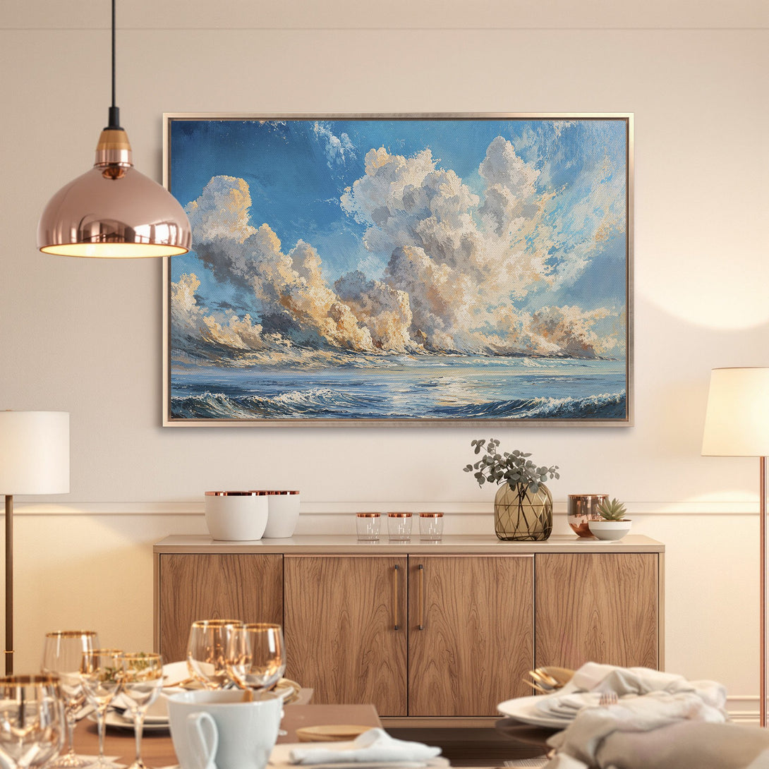 Framed Wall Art: Impressionist seascape Canvas Print in blue, white, and gold, perfect for coastal decor. Elevate your space with art!