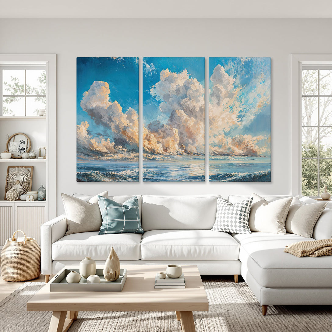 Canvas Print of a seascape painting with blue, white, and gold hues. Modern, impressionistic style adds a touch of coastal elegance to any interior.
