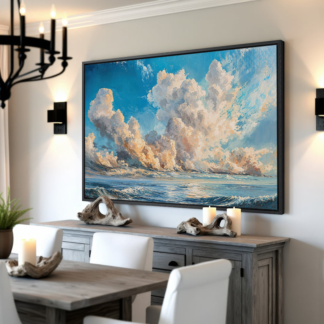 Framed Wall Art: Oil painting of a dramatic seascape with clouds and ocean waves. Blue, white, and gold color palette. Perfect coastal decor.