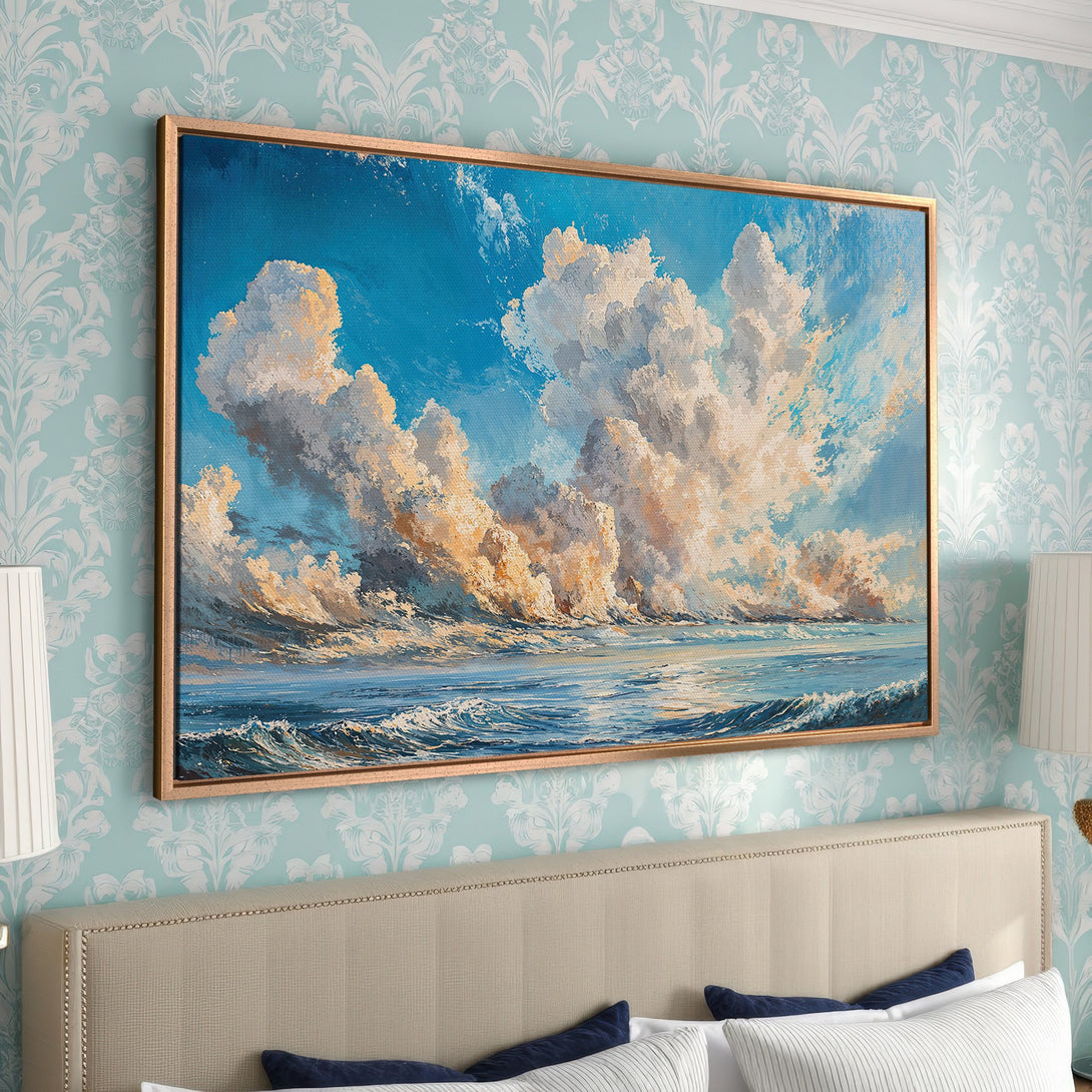 Framed Wall Art: Stunning seascape Canvas Print with dramatic clouds, ocean waves, and a blue and gold palette. Perfect for bedroom decor.