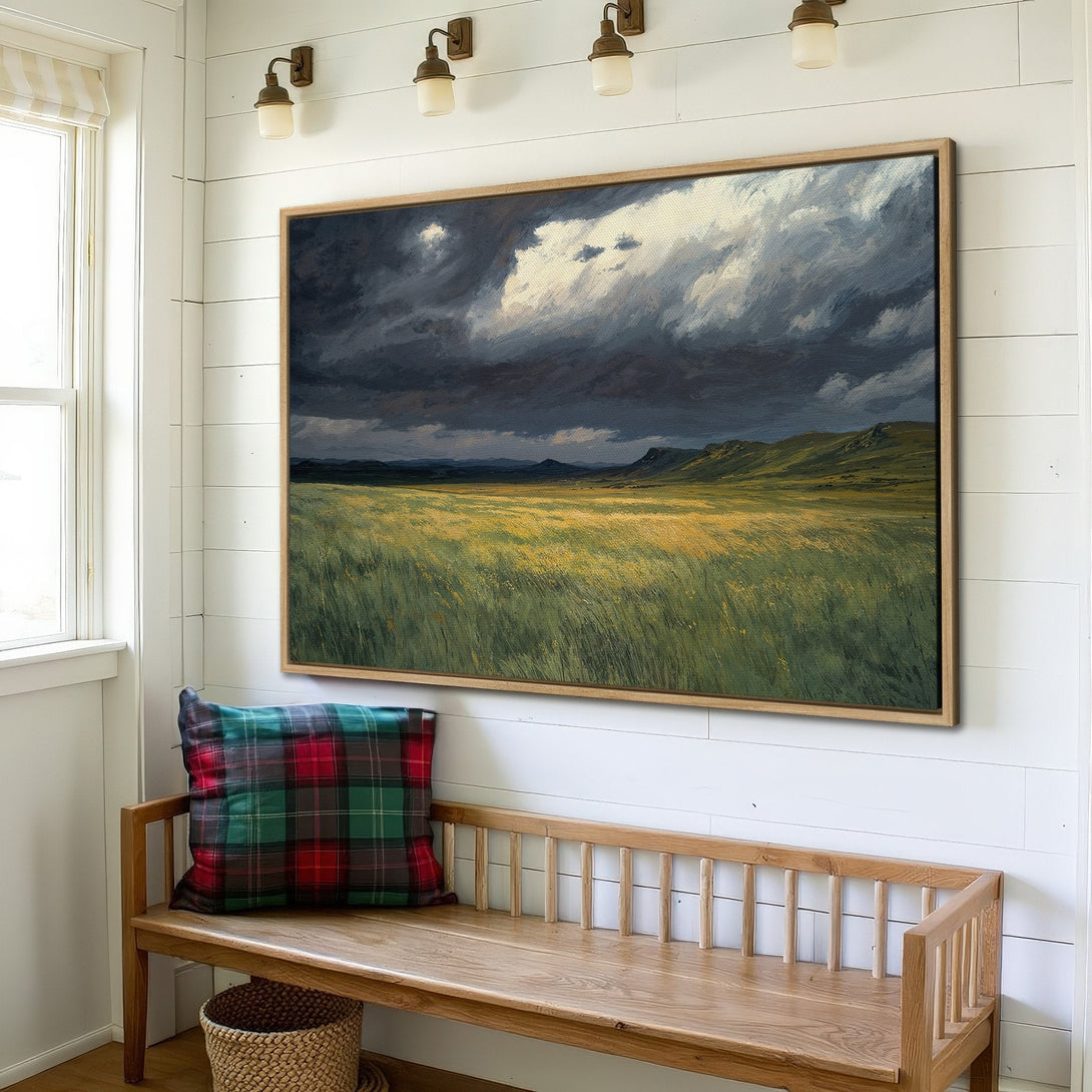 Framed Wall Art: Landscape Canvas Print with moody sky & field in green & gold tones. Perfect for adding a touch of nature to your home decor.