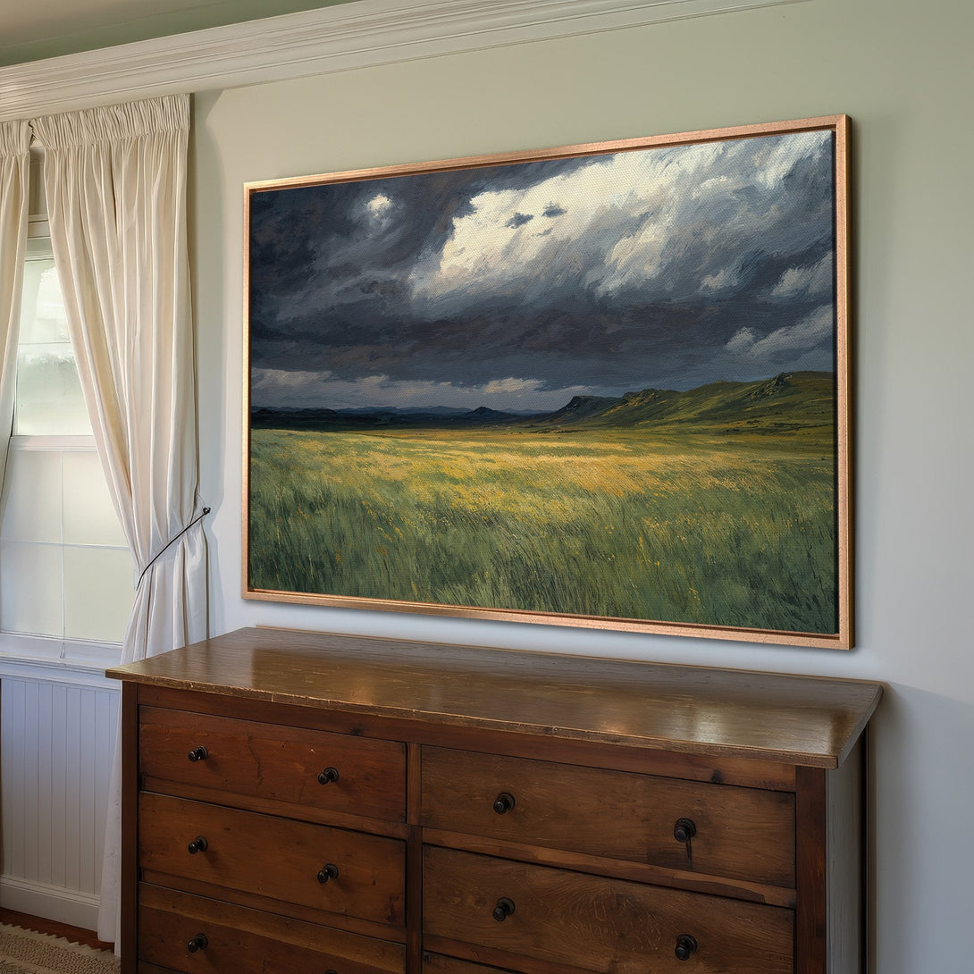 Framed Wall Art: Dramatic landscape Canvas Print with moody sky and green/yellow field. Perfect for adding a touch of nature to your home decor.