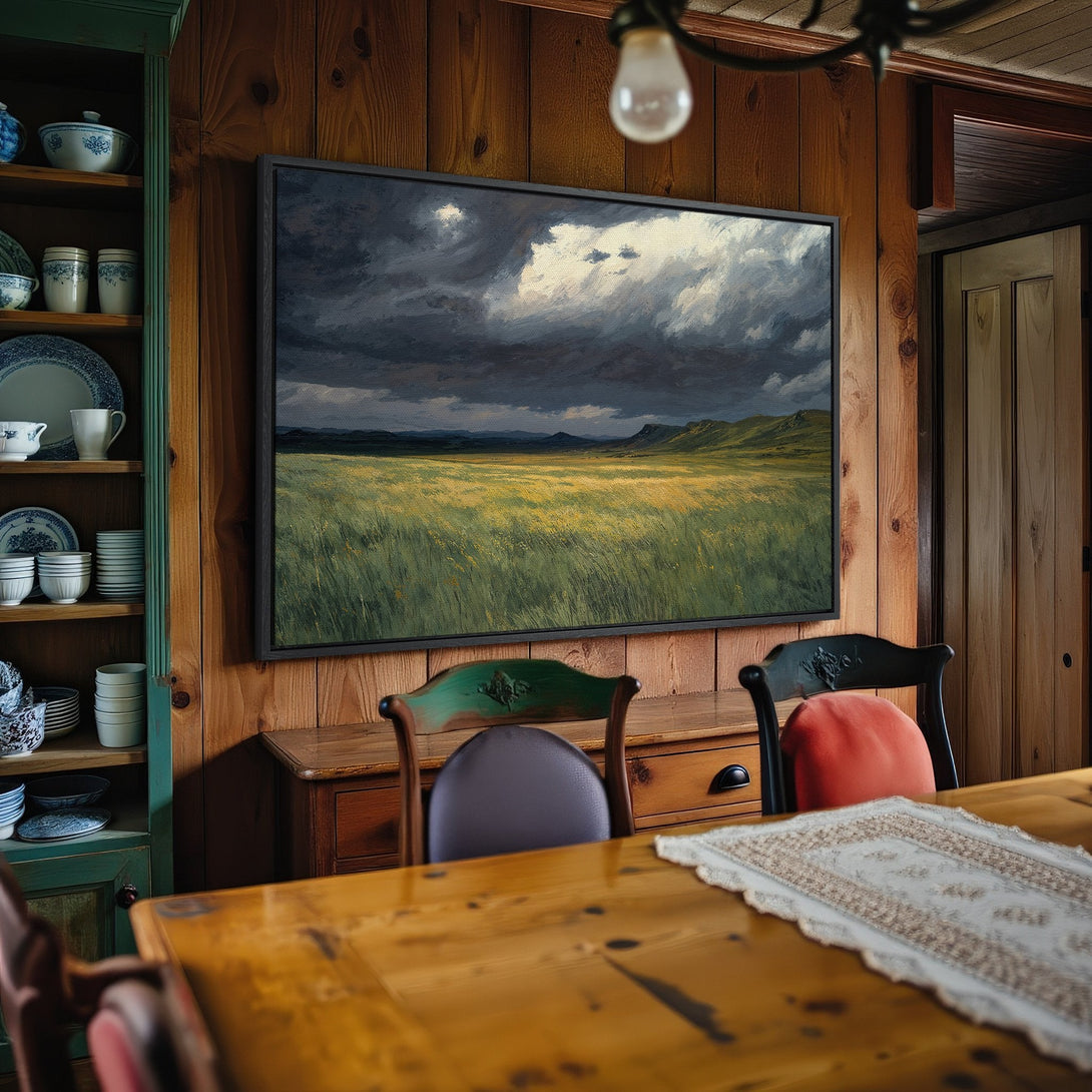 Framed Wall Art: Landscape Canvas Print in a rustic interior. Dramatic sky & field in a moody palette of greens, blues, and yellows. Perfect home decor!