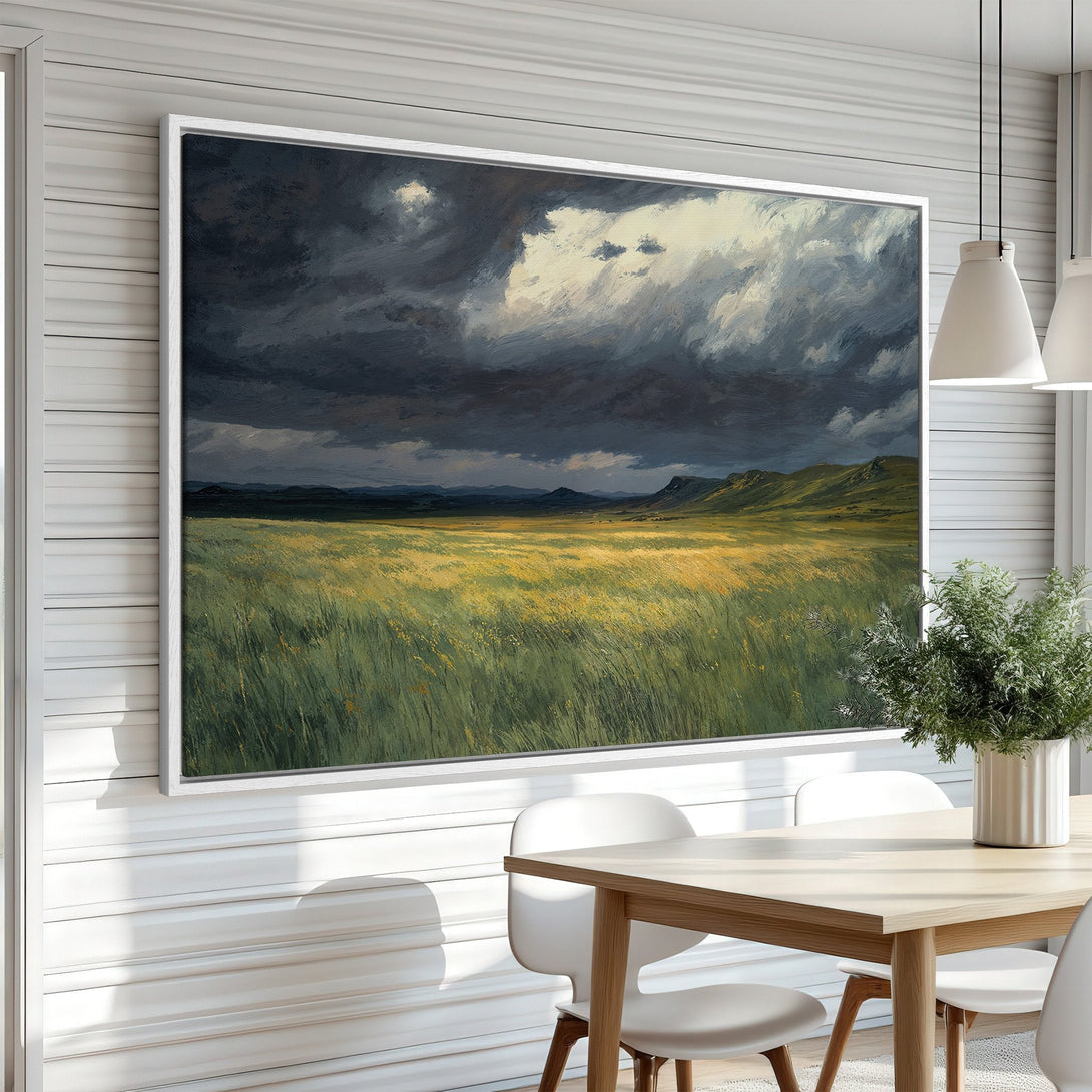 Framed Wall Art: Dramatic landscape Canvas Print with moody sky & golden field. Perfect for adding a touch of nature & sophistication to your home decor.