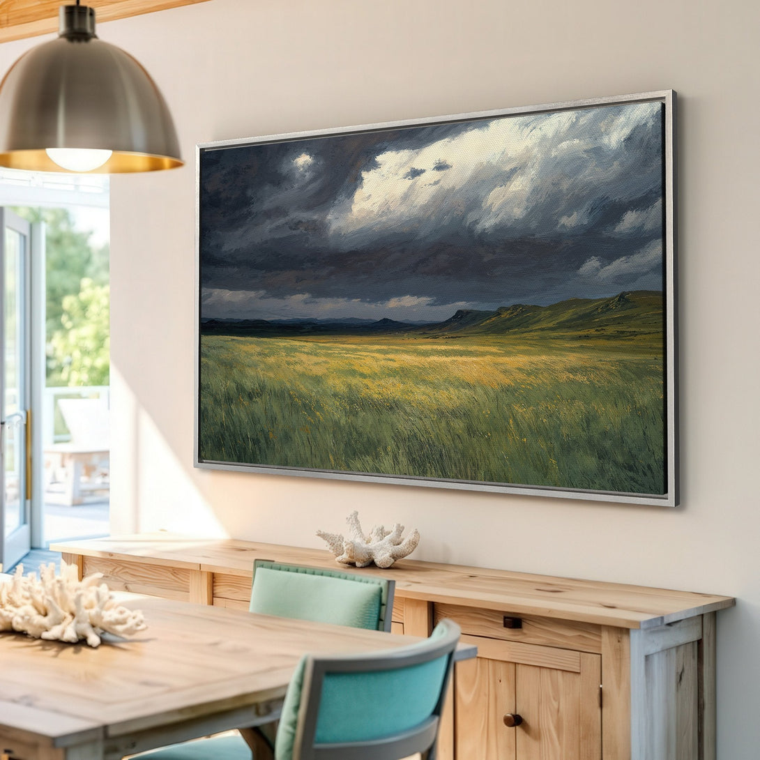 Framed Wall Art: Dramatic landscape Canvas Print with moody sky & golden field. Adds a touch of nature & art to your home decor.