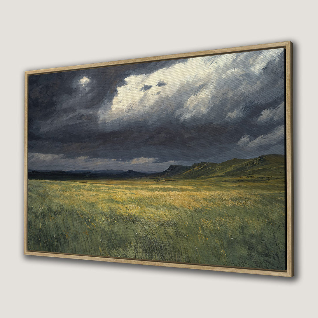 Canvas Print of a dramatic landscape painting with a moody sky and green/yellow fields. Framed wall art for your home.