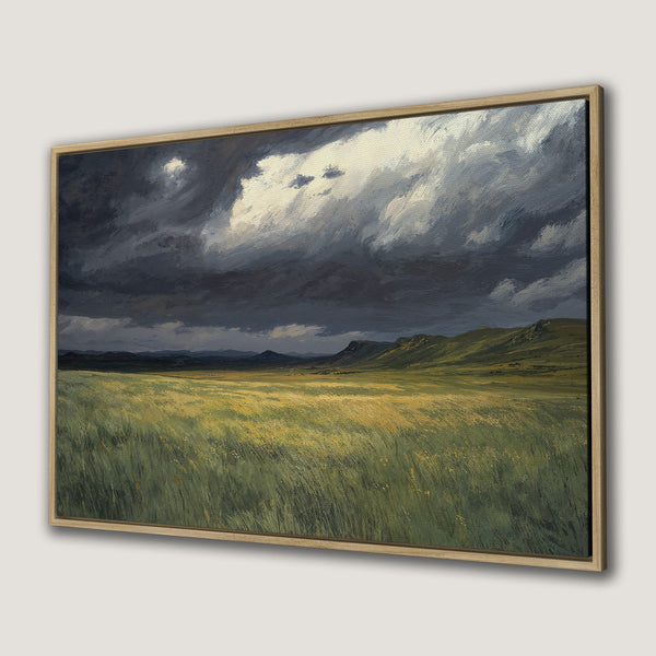 Canvas Print of a dramatic landscape painting with a moody sky and green/yellow fields. Framed wall art for your home.