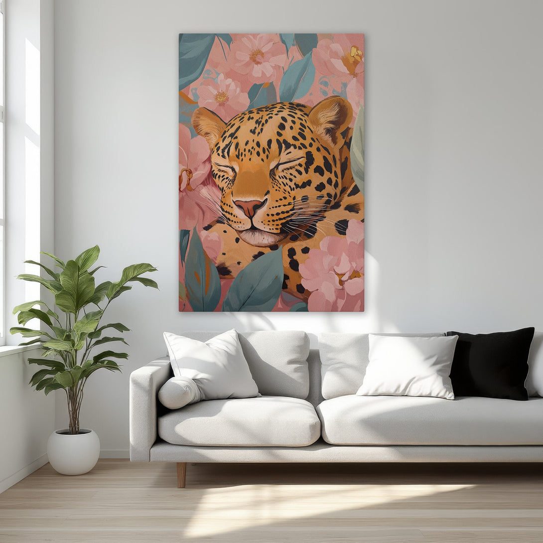 Framed Wall Art: Leopard Canvas Print with floral background. Warm color palette of peach, orange, and green. Adds a touch of elegance to any room.