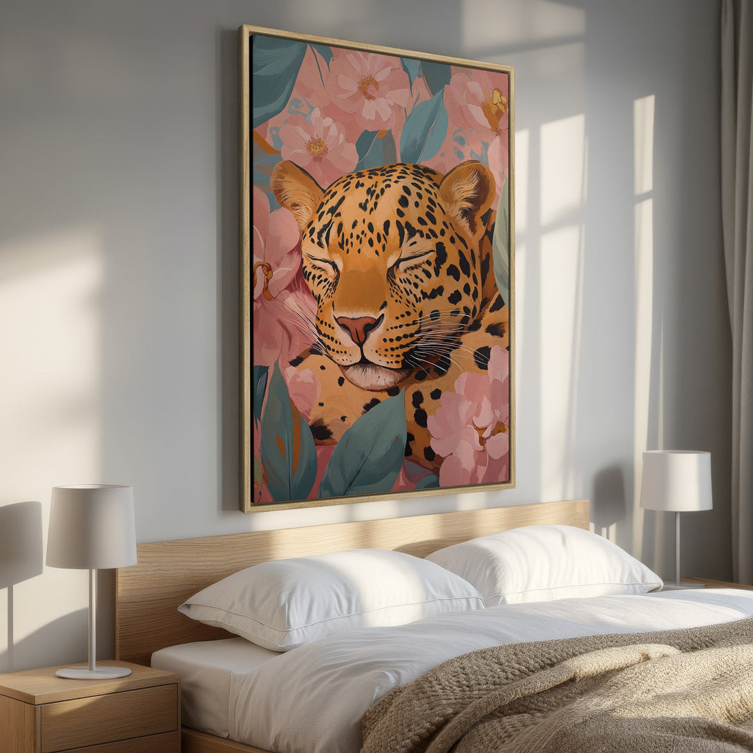 Framed Wall Art: Leopard portrait in pink floral setting. Modern art print with warm orange, pink, and green hues. Perfect bedroom decor.