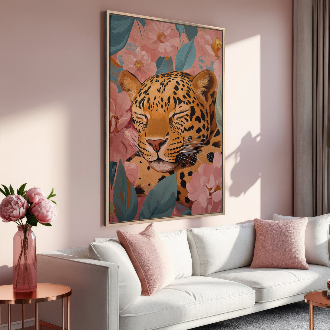 Framed Wall Art: Leopard print canvas with floral accents in a soft pink and teal color palette. Perfect for adding a touch of nature to your home decor.