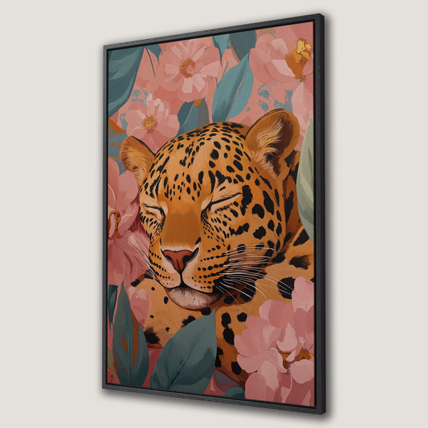 Framed Wall Art featuring a sleeping leopard amidst pink flowers and teal leaves. Modern, botanical illustration with warm, earthy tones. Perfect for adding a touch of nature.