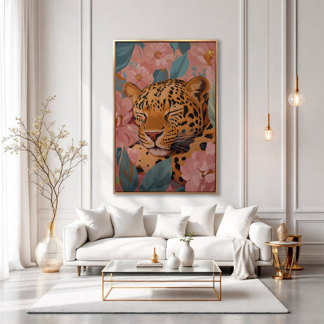 Framed Wall Art: Leopard portrait in floral setting, warm color palette. Modern Canvas Print adds a touch of luxury to any interior.