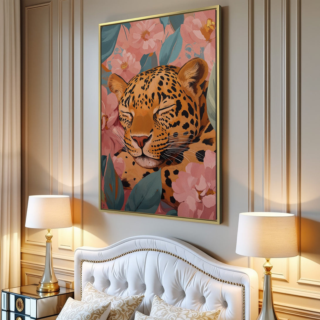 Canvas Print featuring a serene leopard surrounded by pink floral elements. Soft, watercolor style with warm, inviting color palette. Perfect wall art!