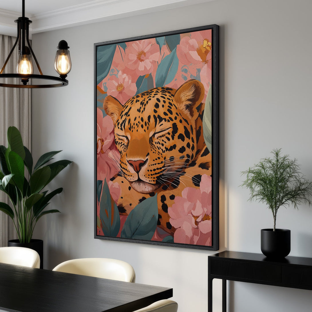 Framed Wall Art featuring a serene leopard in a floral design. Warm color palette with pinks, oranges, and greens. Perfect for adding a touch of nature to your home decor.