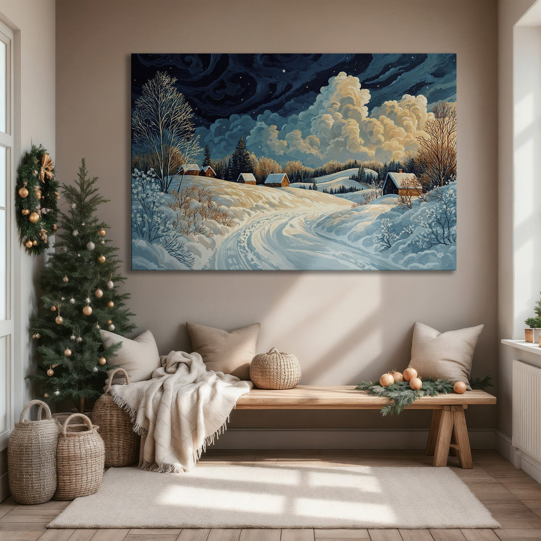 Framed Wall Art: Winter landscape Canvas Print with a serene, painterly style. Features snowy hills, cabins, and a cool blue and warm gold color palette.