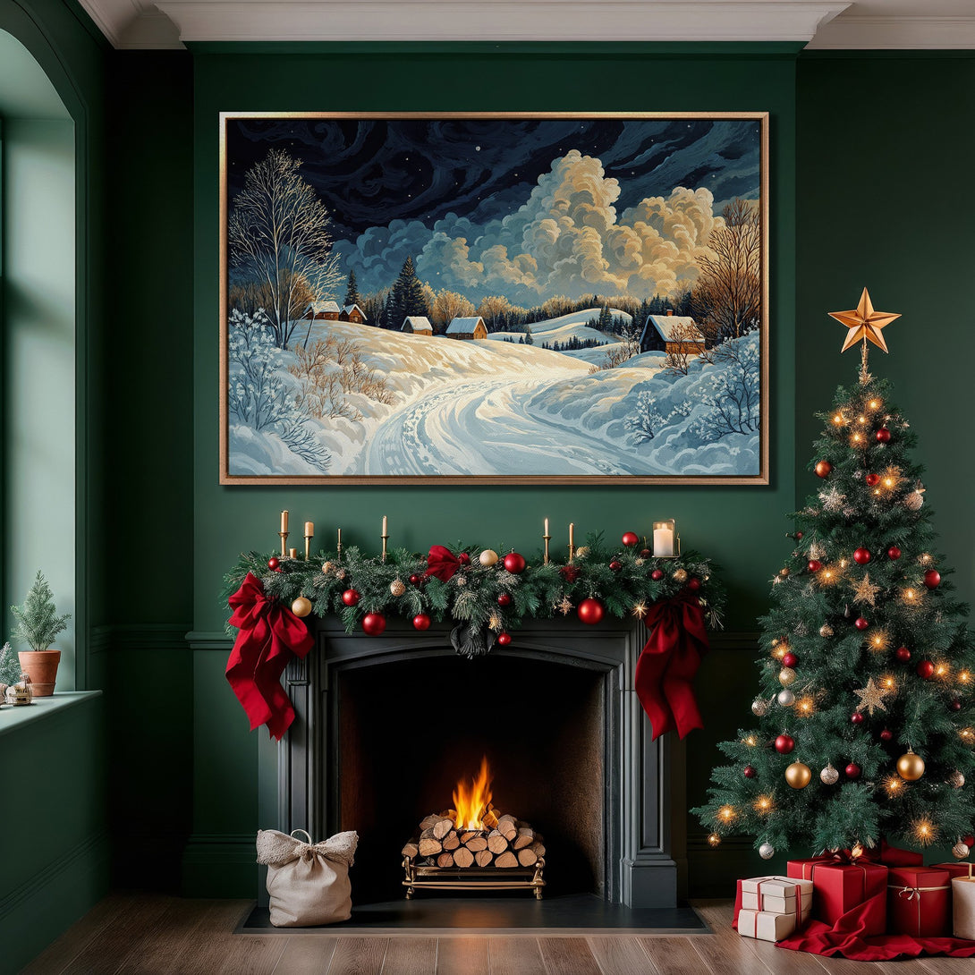 Framed Wall Art of a winter landscape in a cozy interior. Features a snowy scene with a blue and white color palette. Perfect for holiday decor.