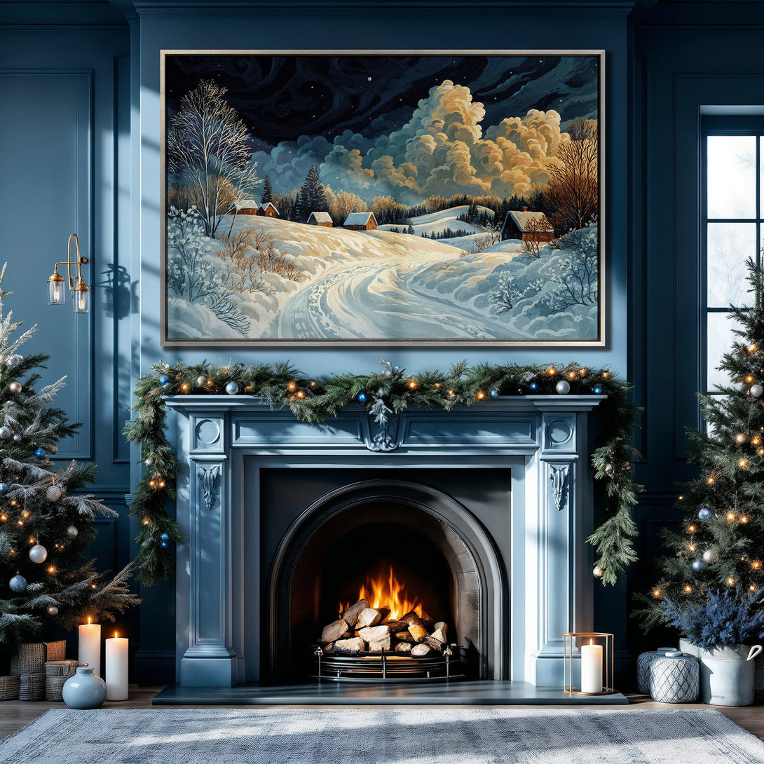 Framed Wall Art: Winter landscape Canvas Print in cool blue tones, displayed above a fireplace. Cozy, inviting decor for your home!