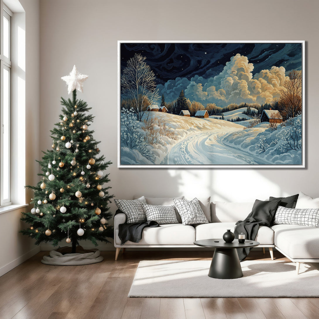 Framed Wall Art: Winter landscape Canvas Print in cool blue and gold tones, perfect for cozy holiday decor. Adds a touch of winter charm to any room.