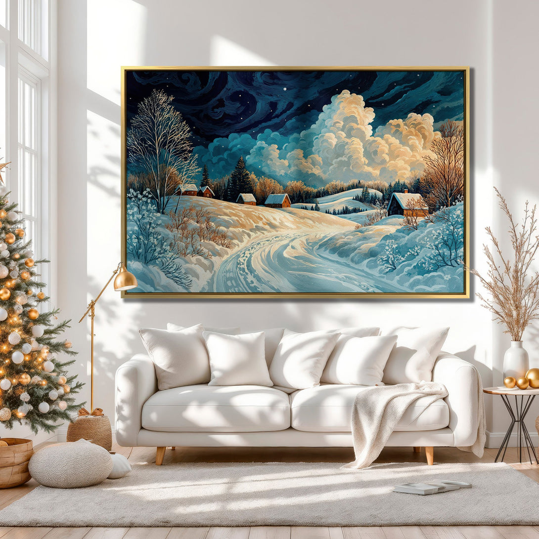 Canvas Print of a winter landscape painting in a cozy interior. Features a snowy scene with a blue and gold color palette. Perfect wall art!
