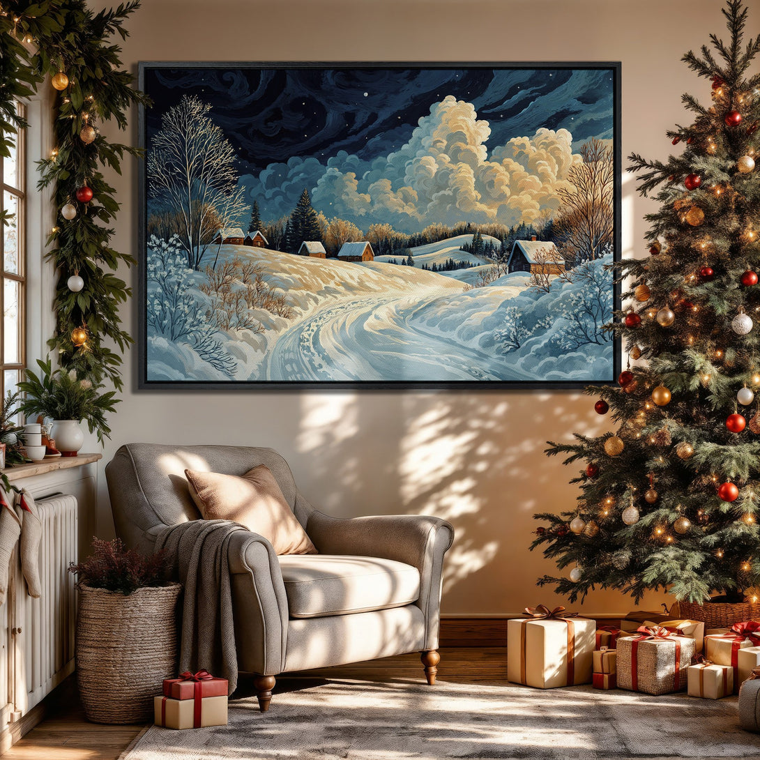 Framed Wall Art: Winter landscape Canvas Print in a cozy interior. Features a snowy scene with a blue and white color palette, perfect for holiday decor.