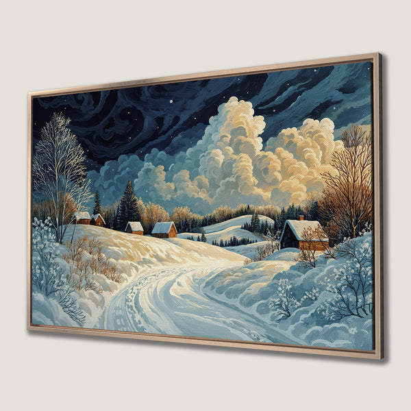 Framed Wall Art: Winter landscape Canvas Print in blue and gold tones. Cozy cabin scene with snowy path and dramatic sky. Perfect home decor.