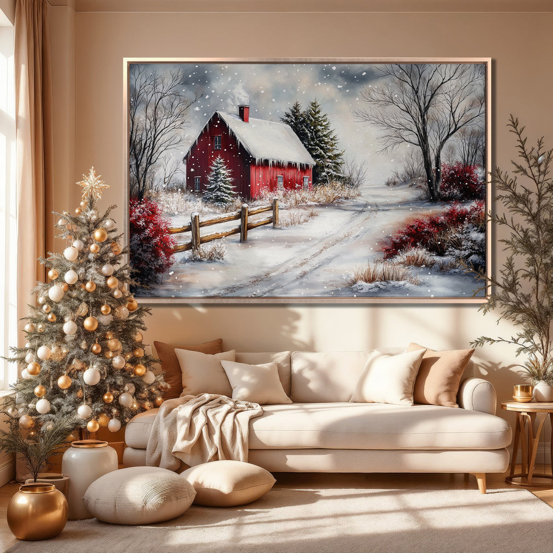 Framed Wall Art: Winter scene Canvas Print of red barn in snow, warm neutral tones, perfect for cozy holiday decor.