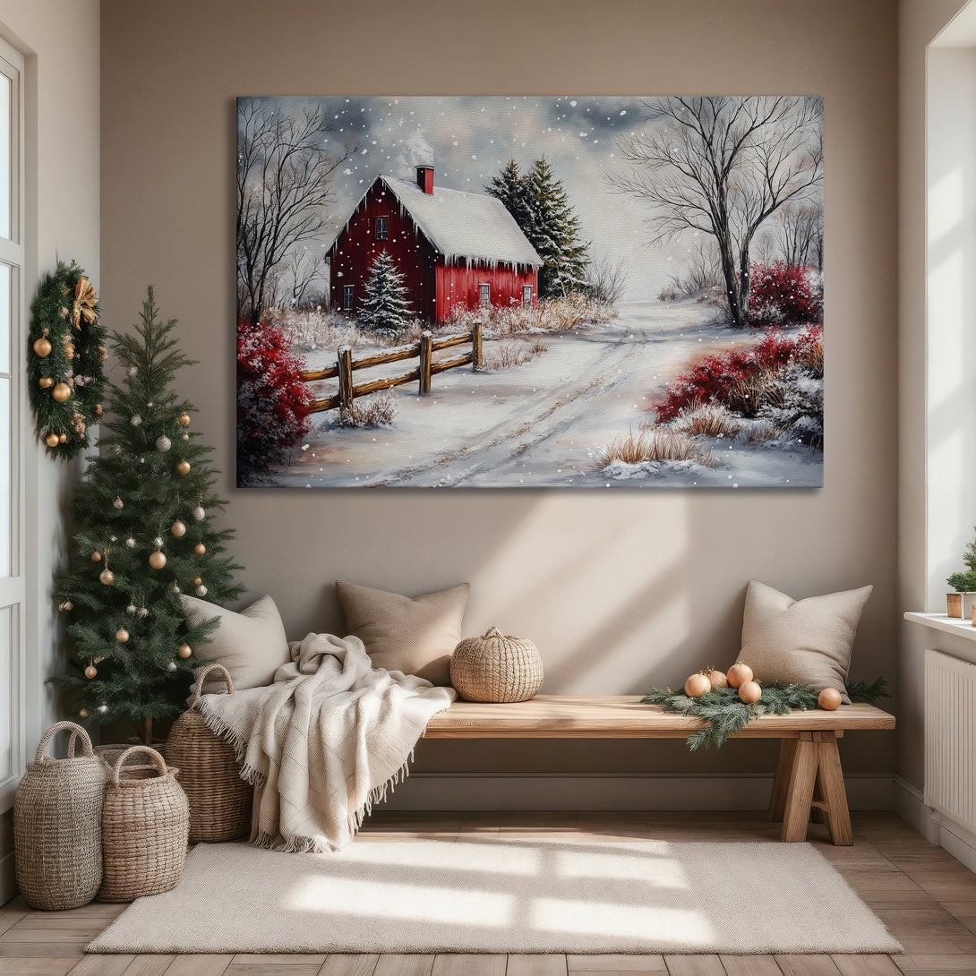 Framed Wall Art: Winter scene with a red barn, snowy landscape, and warm color palette. Perfect for cozy home decor.