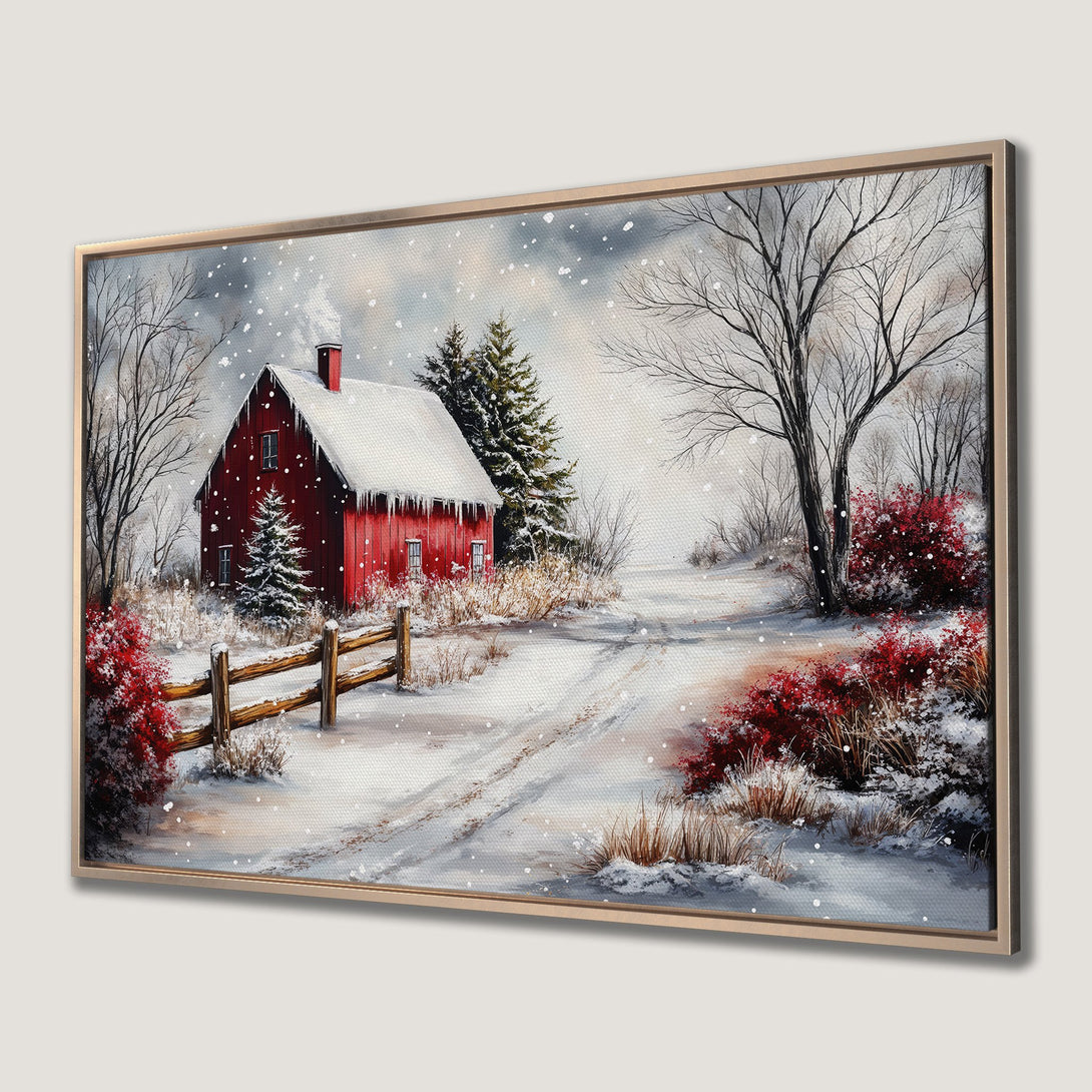 Framed Wall Art of a winter landscape with a red barn. Watercolor style painting with a snowy scene and a red, white, and brown color palette.