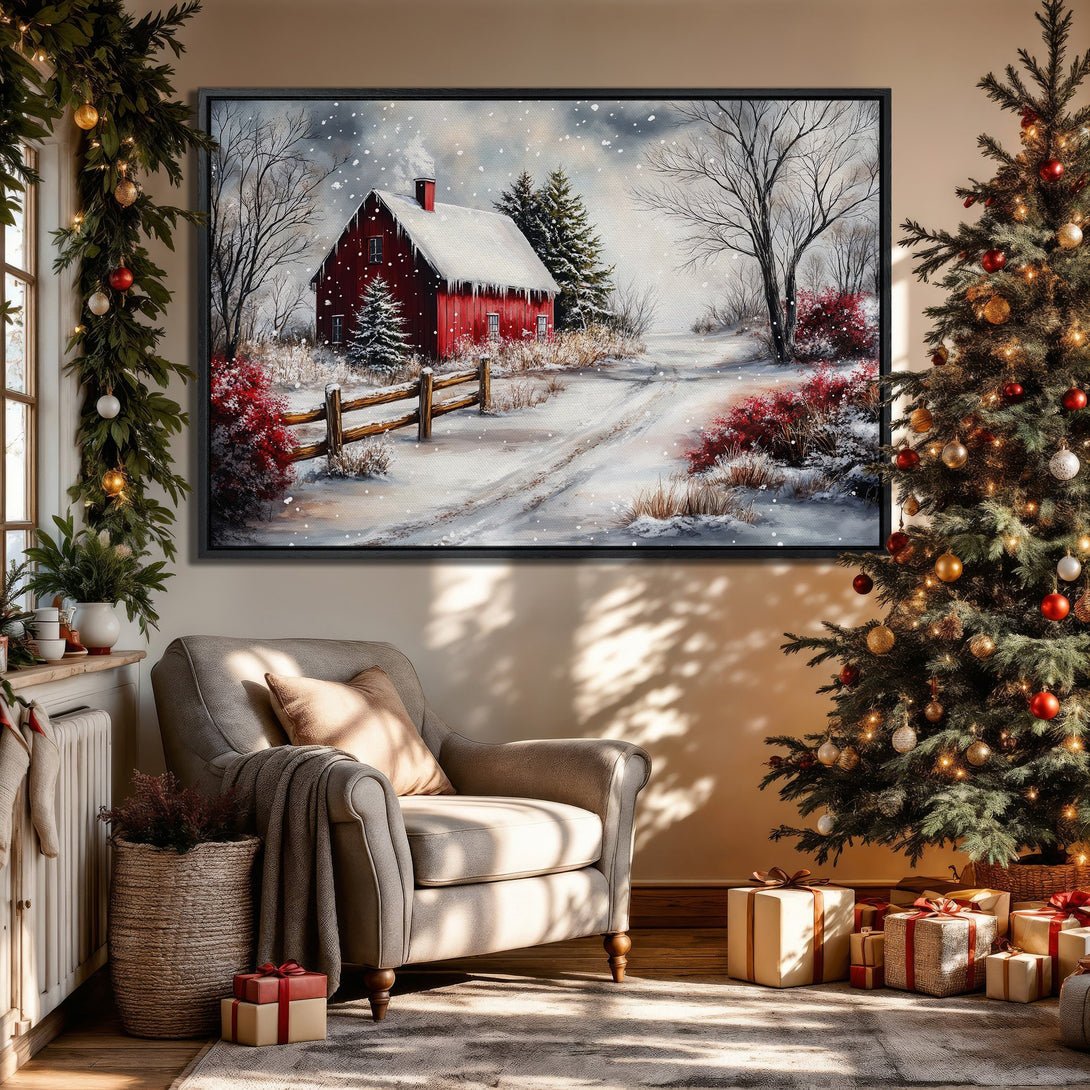 Framed Wall Art: Winter landscape Canvas Print with red barn, snowy scene. Cozy interior with warm color palette, perfect for holiday decor.